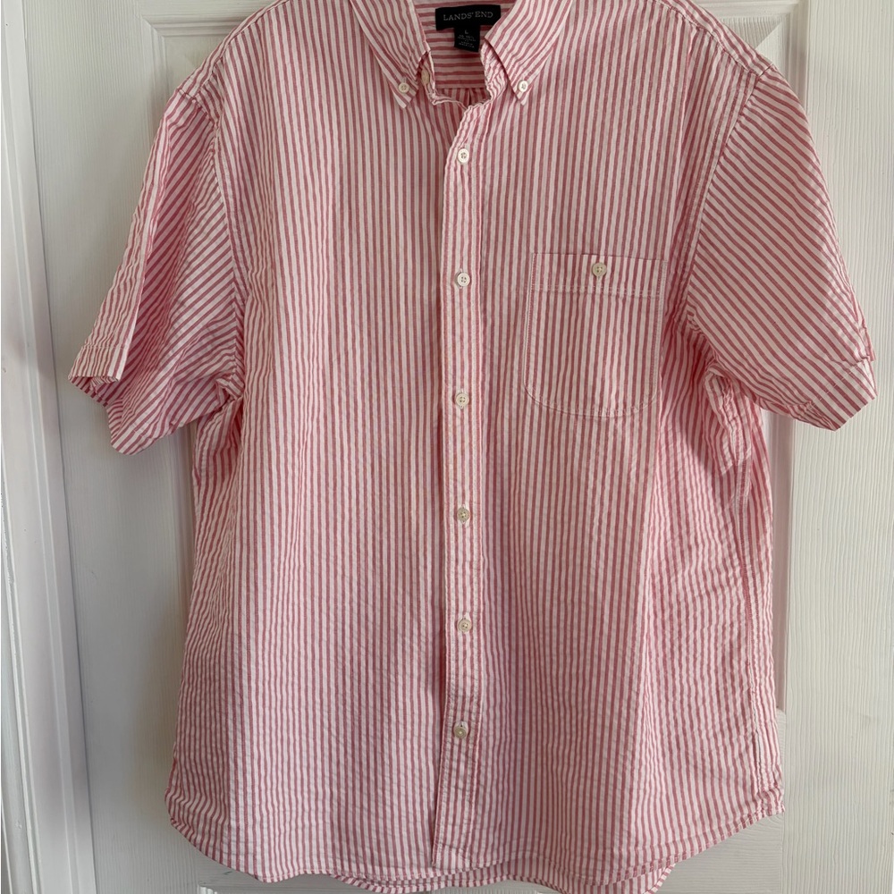 Lands' End Men's Casual Pink Striped Button Down Shirt